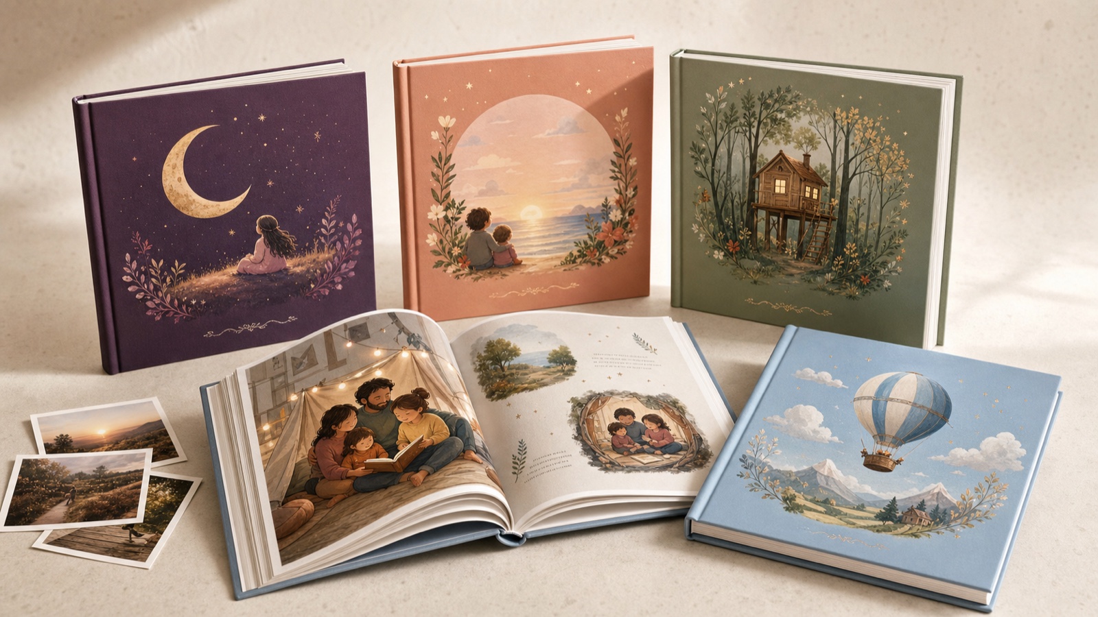 Representative finished personalized children's storybooks displayed on a tabletop