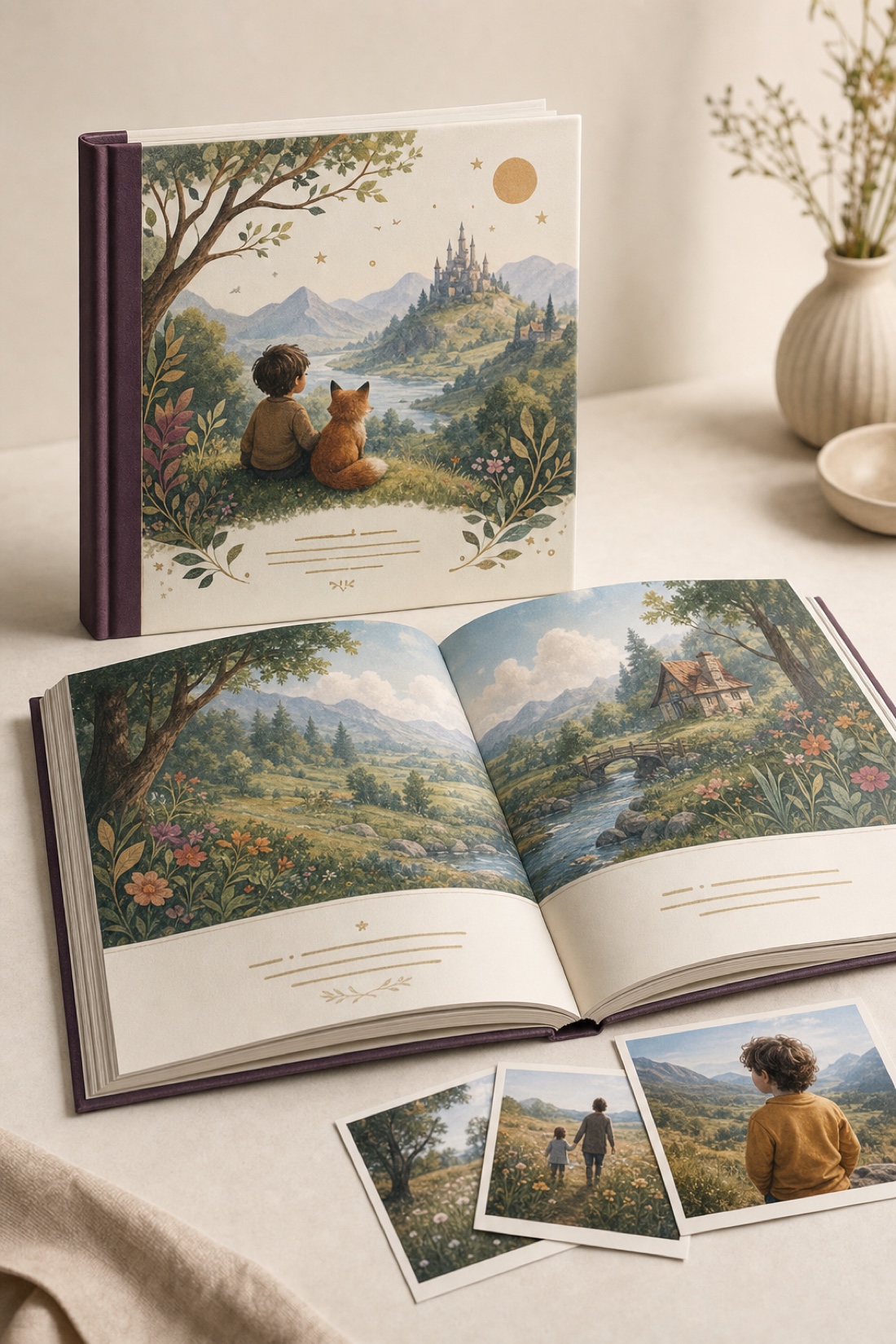 Representative final printed storybook preview with cover and open interior spread