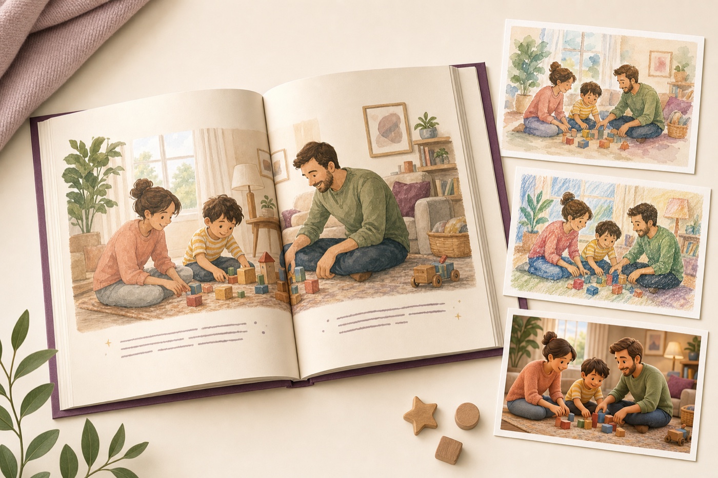 Printed sample spread showing multiple storybook illustration styles